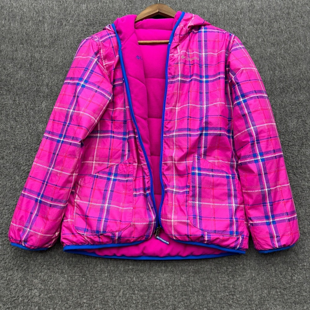 Columbia Youth Girls Reversible Puffer Jacket XL 18-20 Pink Plaid Hooded